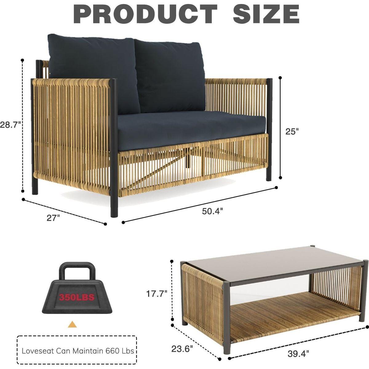 New Comming Outdoor PE Brown Wicker 2seats Sofa with Grey Cushion and Table Set