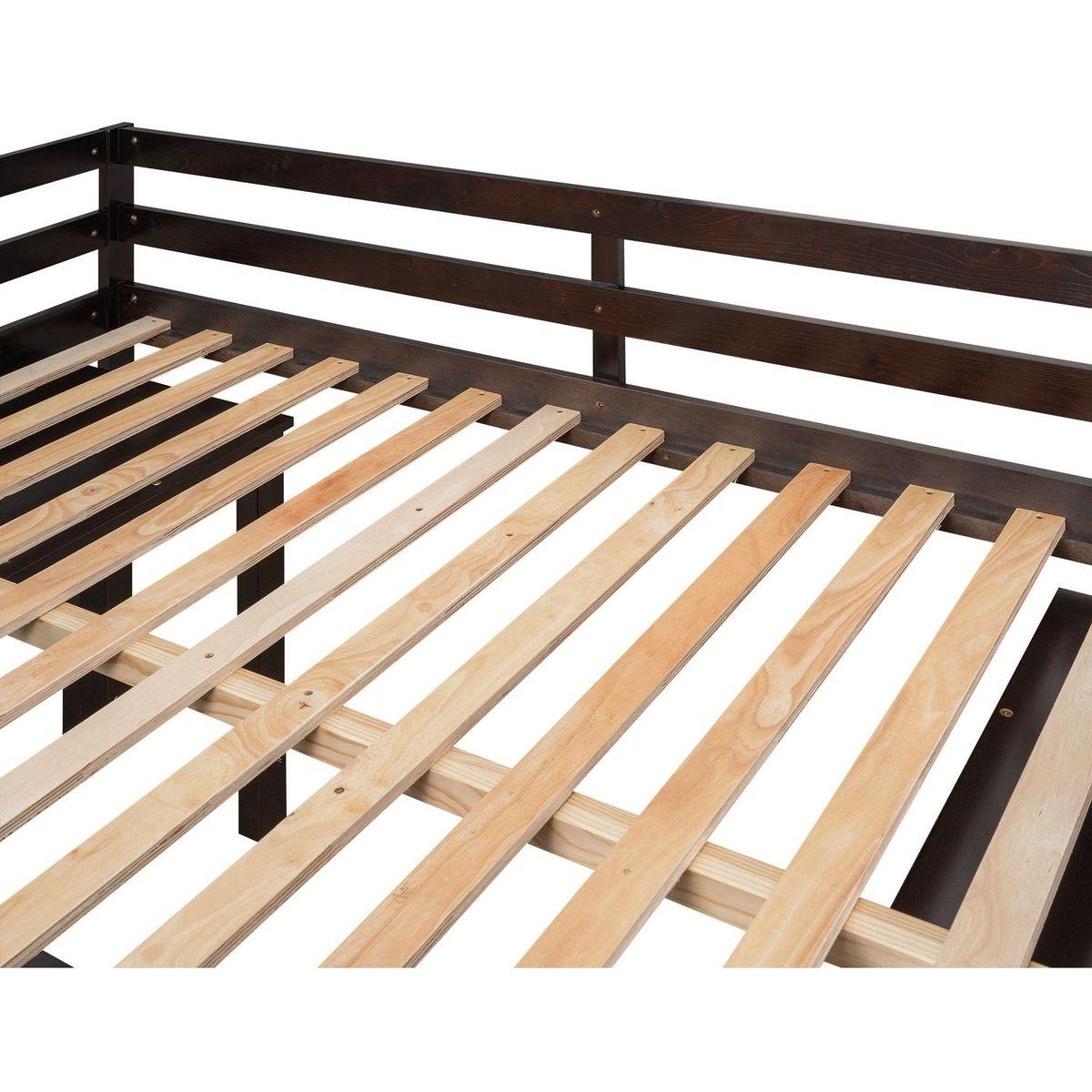 Low Study Full Loft Bed with Cabinet, Shelves and Rolling Portable Desk, Multiple Functions Bed- Espresso