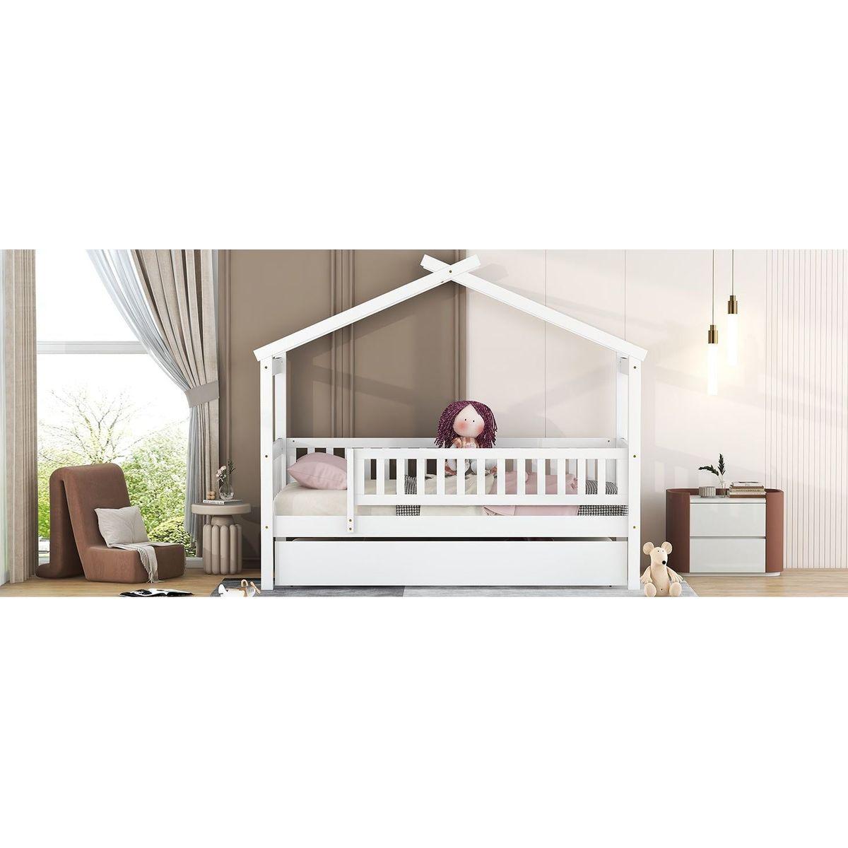 Twin Size Wooden House Bed with Twin Size Trundle, White