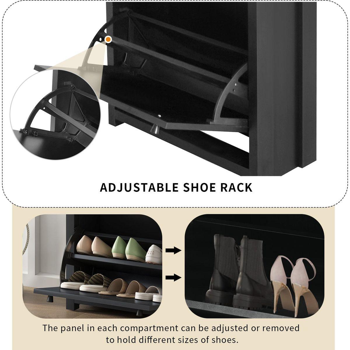 Functional Entryway Organizer with 2 Flip Drawers, Wood Grain Pattern Top Shoe Cabinet with Drawer, Free Standing Shoe Rack with Adjustable Panel for Hallway, Black