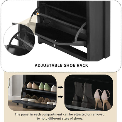 Functional Entryway Organizer with 2 Flip Drawers, Wood Grain Pattern Top Shoe Cabinet with Drawer, Free Standing Shoe Rack with Adjustable Panel for Hallway, Black
