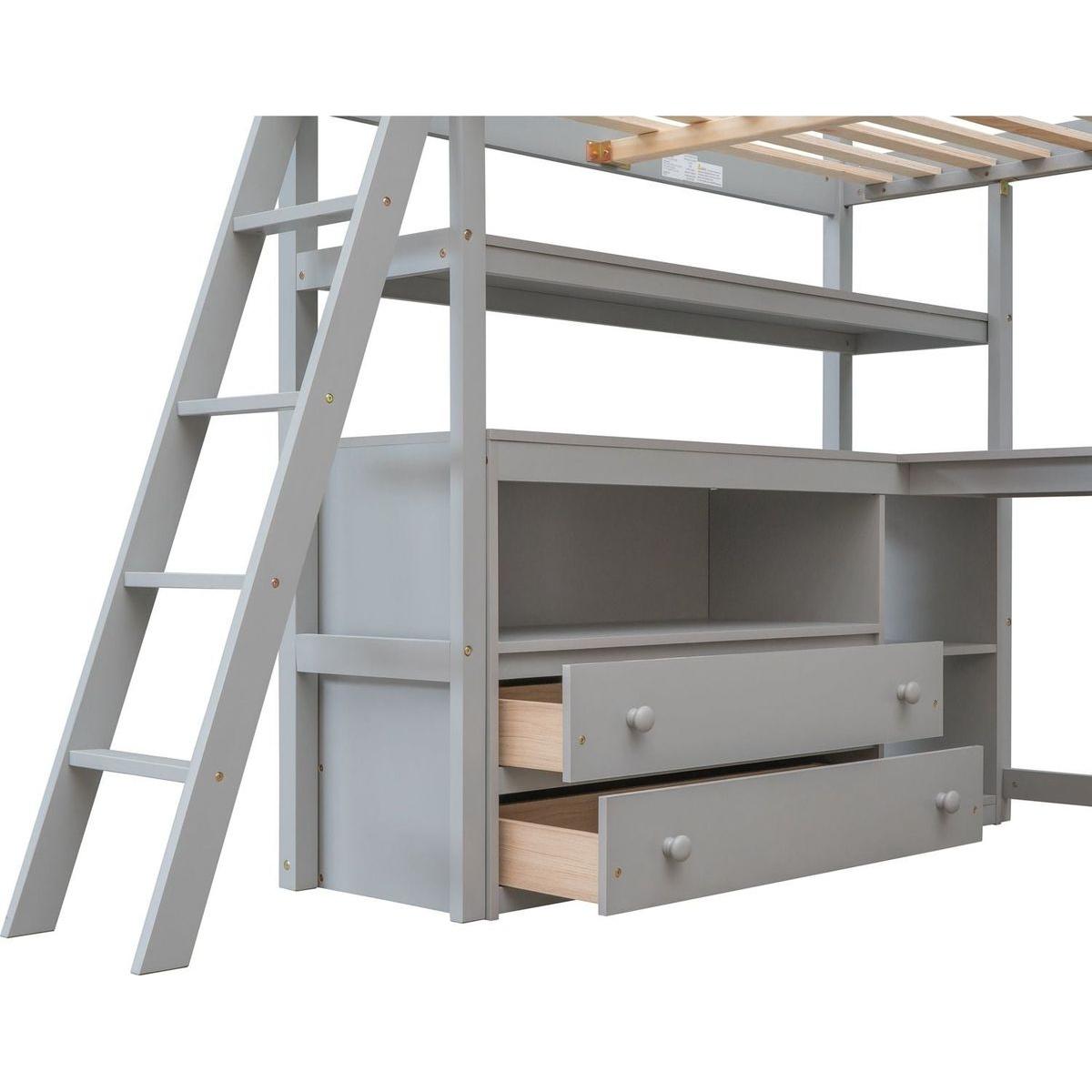 Full Size Loft Bed with Desk and Shelves,Two Built-in Drawers,Gray