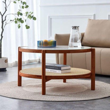 Modern minimalist circular double-layer solid wood coffee table, craft glass tabletop, second layer material: PE rattan, solid wood frame. 34.6 'x 34.6' x 17.7"