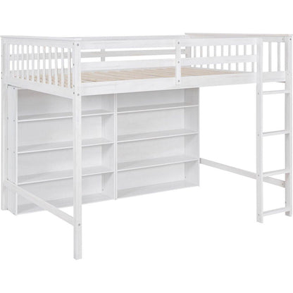 Full Size Loft Bed with 8 Open Storage Shelves and Built-in Ladder, White