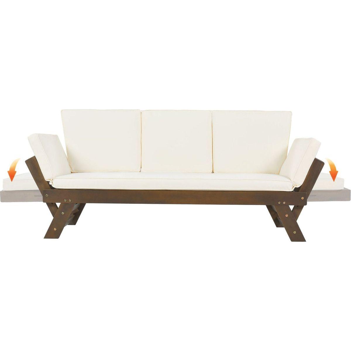 Outdoor Adjustable Patio Wooden Daybed Sofa Chaise Lounge with Cushions for Small Places, Brown Finish+Beige Cushion