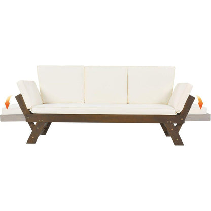 Outdoor Adjustable Patio Wooden Daybed Sofa Chaise Lounge with Cushions for Small Places, Brown Finish+Beige Cushion