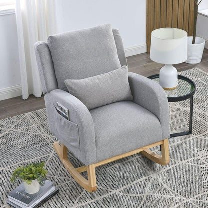 27.5" W Modern Accent High Back Living Room Casual Armchair Rocker with One Lumbar Pillow, Two Side Pockets, Teddy.