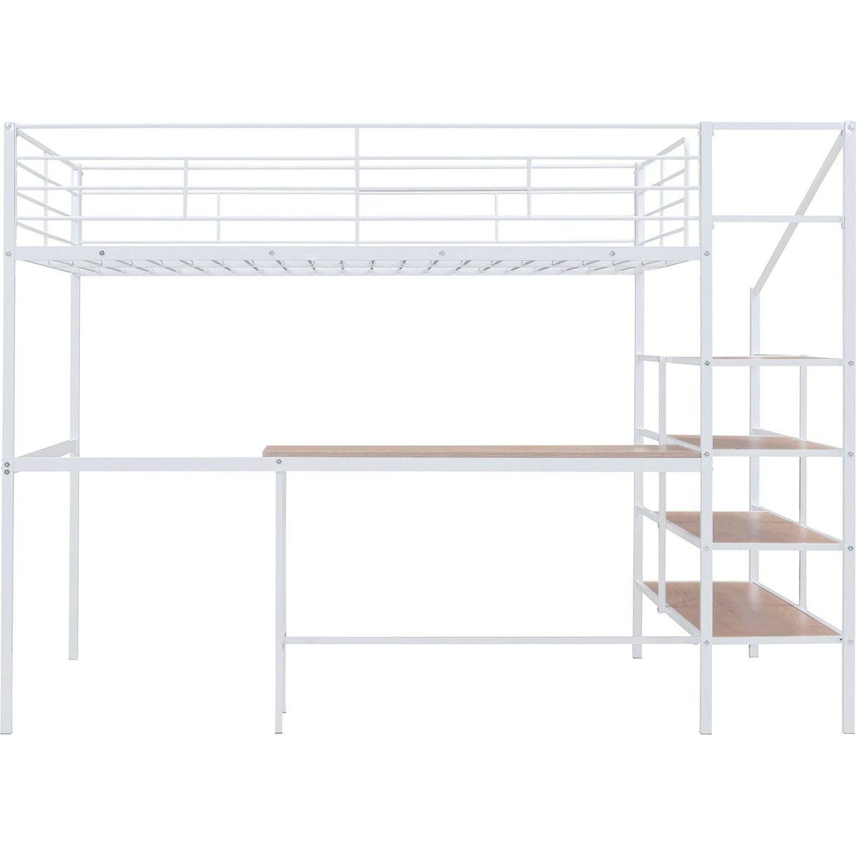 Full Size Metal Loft Bed with Desk and Lateral Storage Ladder, White