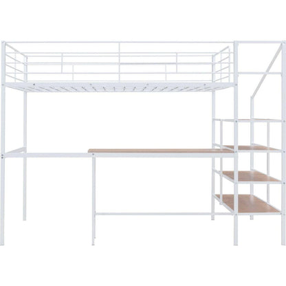 Full Size Metal Loft Bed with Desk and Lateral Storage Ladder, White