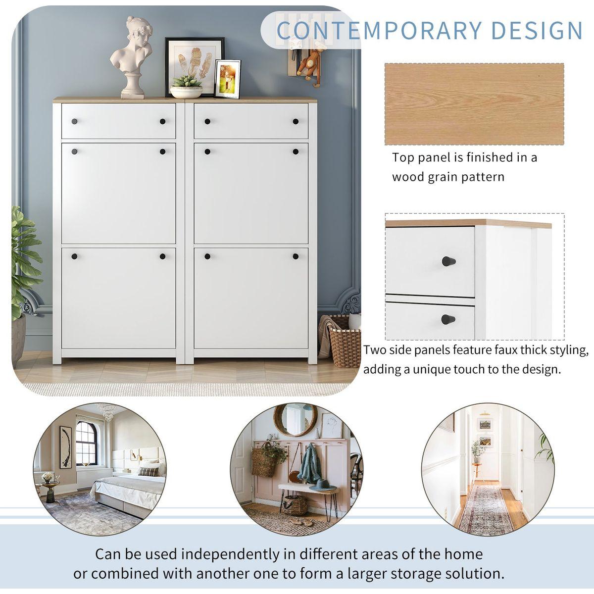 Slim Shoe Cabinet Set with 4 Flip Drawers, Wood Grain Pattern Top Shoe Storage Solution with Adjustable Panel, Modern Style Shoe Rack with Drawers for Hallway, White