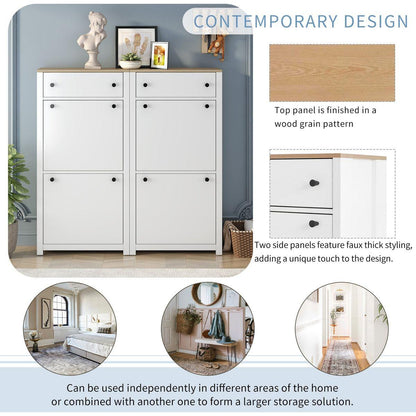 Slim Shoe Cabinet Set with 4 Flip Drawers, Wood Grain Pattern Top Shoe Storage Solution with Adjustable Panel, Modern Style Shoe Rack with Drawers for Hallway, White
