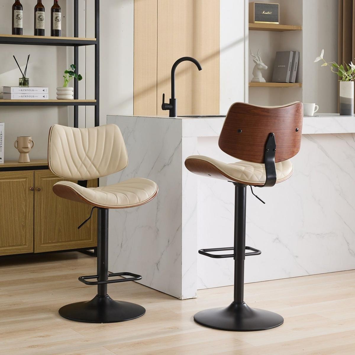 Walnut Bentwood Bar Stools Mid Century Modern Adjustable Counter Height Black Leather Upholstered 360Swivel Bar Chairs for Kitchen Island/Dining Room/Cafe, 1 chair/1carton,Beige