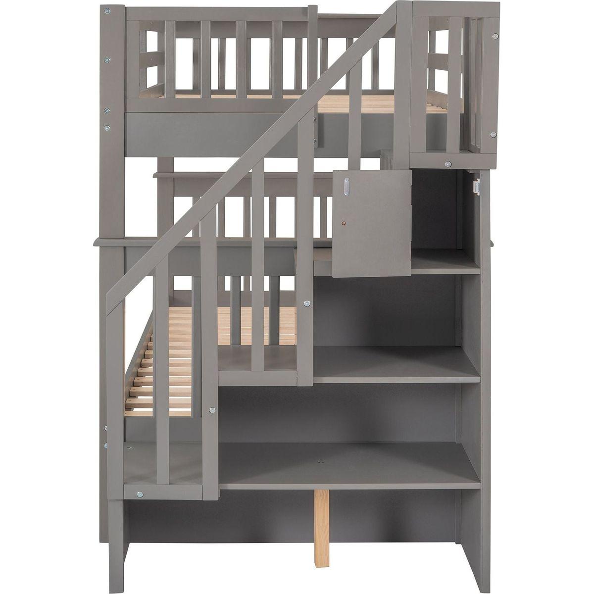 Stairway Twin-Over-Twin Bunk Bed with Storage and Guard Rail for Bedroom, Dorm, Gray color