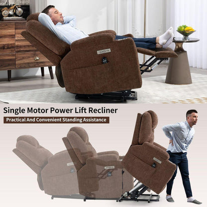 Okin motor Up to 350 LBS Chenille Power Lift Recliner Chair, Heavy Duty Motion Mechanism with 8-Point Vibration Massage and Lumbar Heating, USB and Type-C Ports, Stainless Steel Cup Holders, Brown