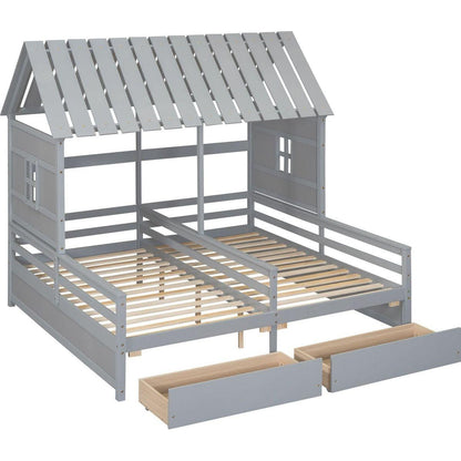 Twin Size House Platform Beds with Two Drawers for Boy and Girl Shared Beds, Combination of 2 Side by Side Twin Size Beds, Gray