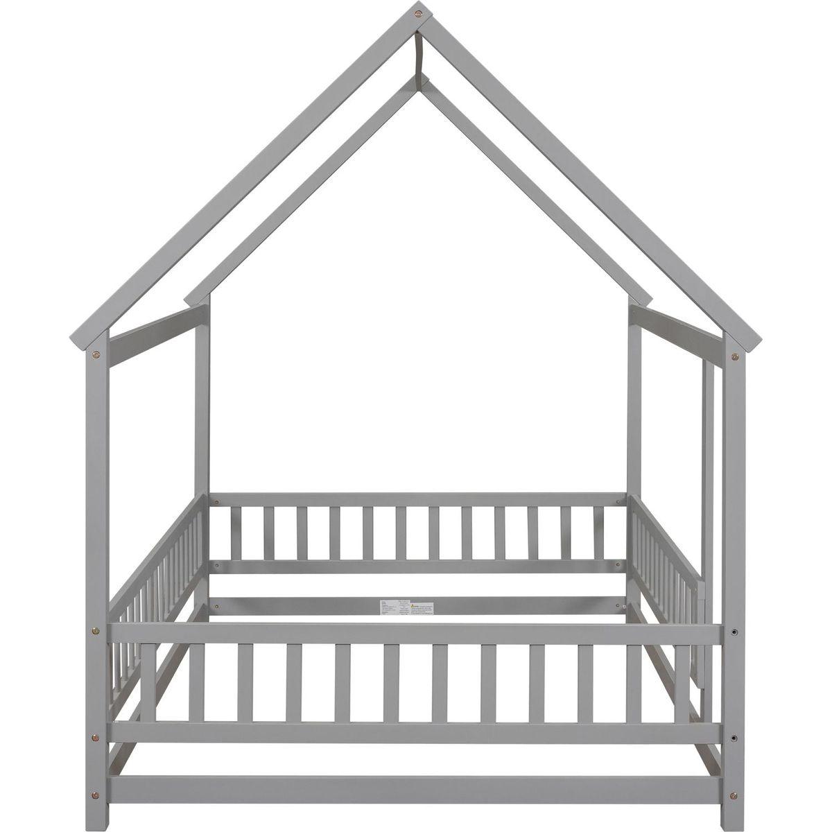 Full Size Floor Wooden Bed with House Roof Frame, Fence Guardrails, Grey