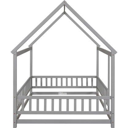 Full Size Floor Wooden Bed with House Roof Frame, Fence Guardrails, Grey