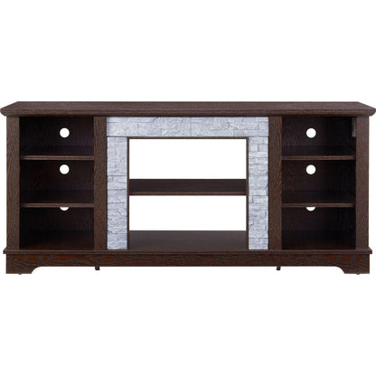 TV Media Stand with with Faux Stacked Stone Surround, Modern Entertainment Console with Open Storage Space, Cherry, 58.31"Wx15.39"Dx26.06"H