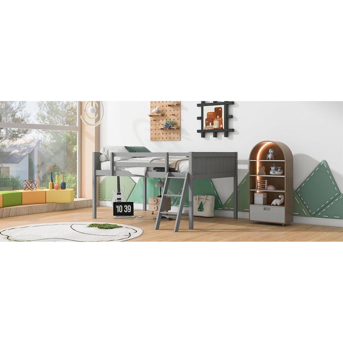 Full Size Wood Low Loft Bed with Ladder, ladder can be placed on the left or right, Gray