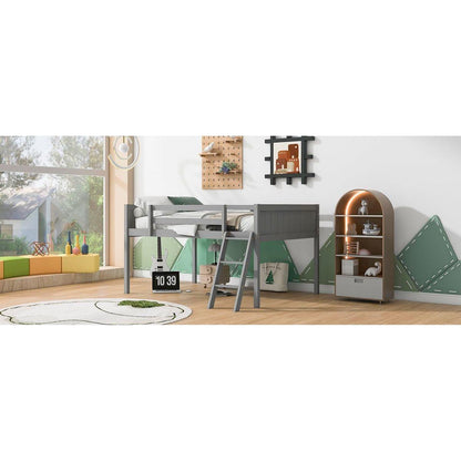 Full Size Wood Low Loft Bed with Ladder, ladder can be placed on the left or right, Gray