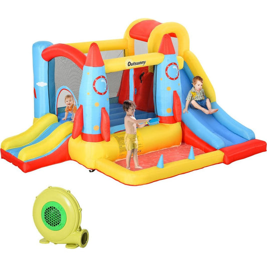 Kids Inflatable Water Slide, 4-in-1 Bounce House Jumping Castle with 2 Slides, Climbing Wall, Trampoline, & Water Pool Area, Air Blower