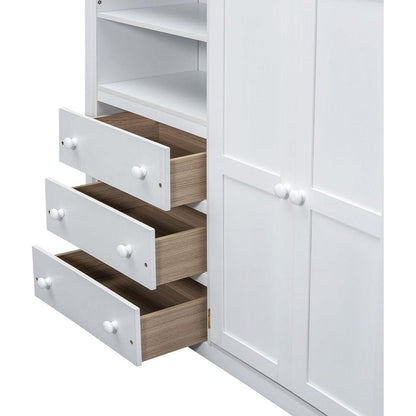 Wood Full Size Loft Bed with Built-in Wardrobe, Desk, Storage Shelves and Drawers, White