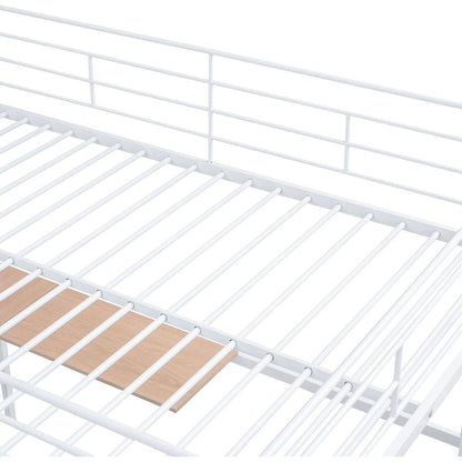 Full Size Metal Loft Bed with Desk and Metal Grid, Stylish Metal Frame Bed with Lateral Storage Ladder and Wardrobe, White