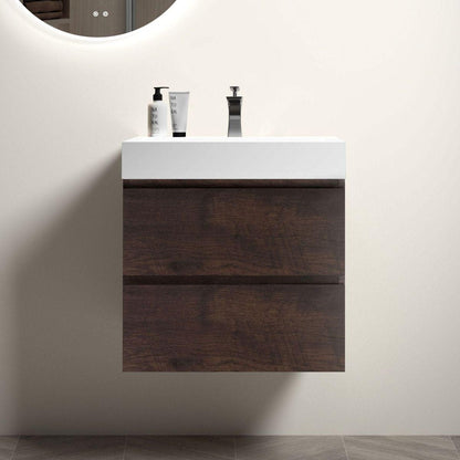 Alice 24" Walnut Bathroom Vanity with Sink, Large Storage Wall Mounted Floating Bathroom Vanity for Modern Bathroom, One-Piece White Sink Basin without Drain and Faucet