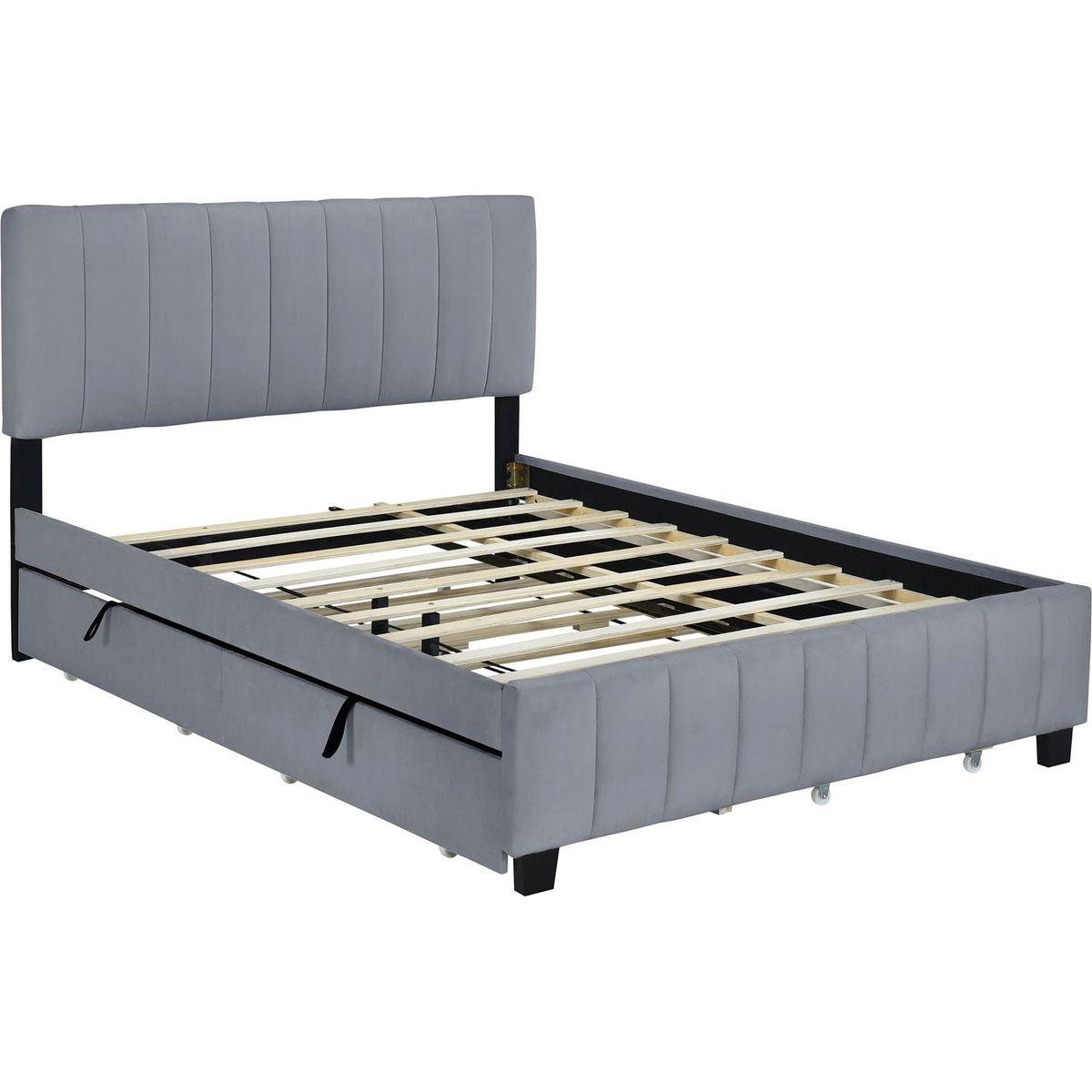 Queen Size Velvet Upholstered Platform Bed with 2 Drawers and 1 Twin XL Trundle- Gray - Streamdale Furniture