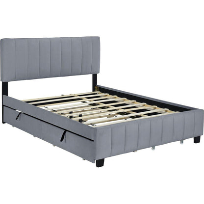 Queen Size Velvet Upholstered Platform Bed with 2 Drawers and 1 Twin XL Trundle- Gray - Streamdale Furniture
