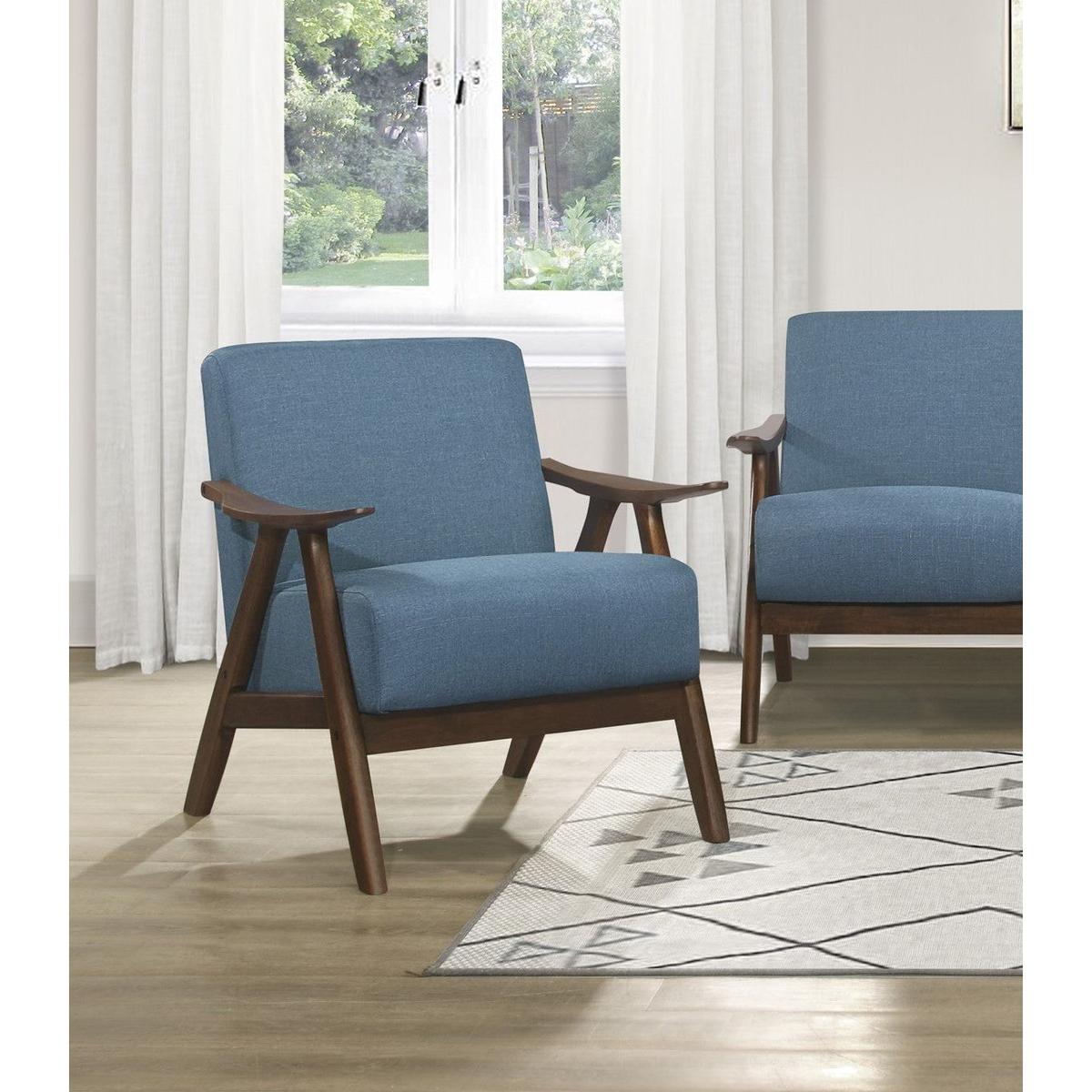 Modern Home Furniture Blue Fabric Upholstered 1pc Accent Chair Cushion Back and Seat Walnut Finish Solid Rubber Wood Furniture