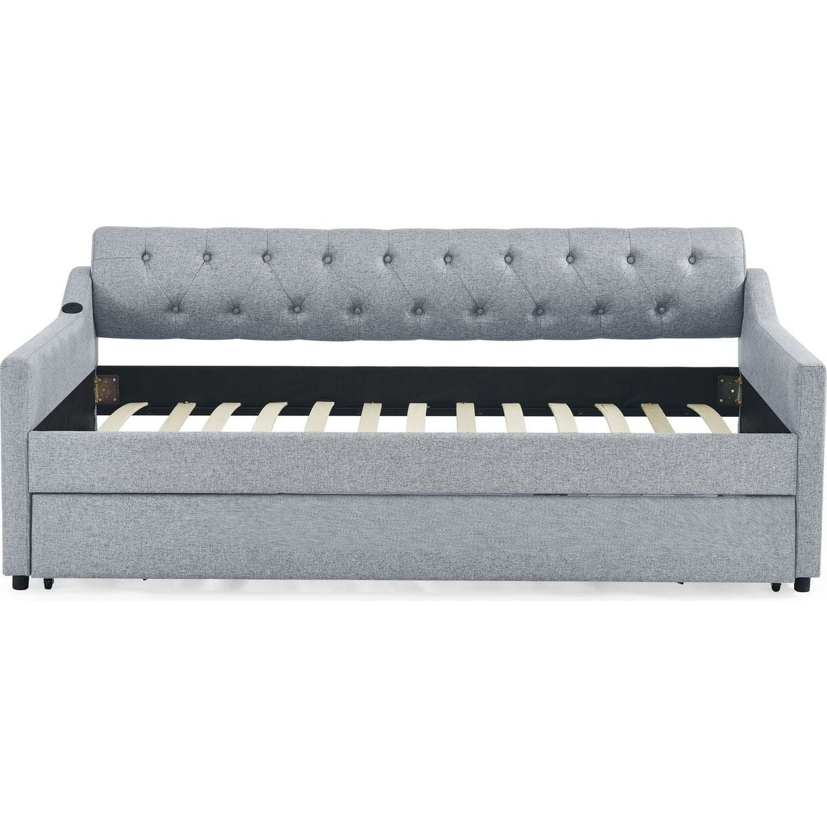 Twin Size Upholstery DayBed with Twin Size Erectable Trundle and USB Charging Design, Linen Grey
