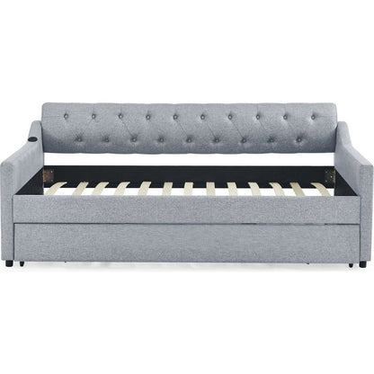 Twin Size Upholstery DayBed with Twin Size Erectable Trundle and USB Charging Design, Linen Grey