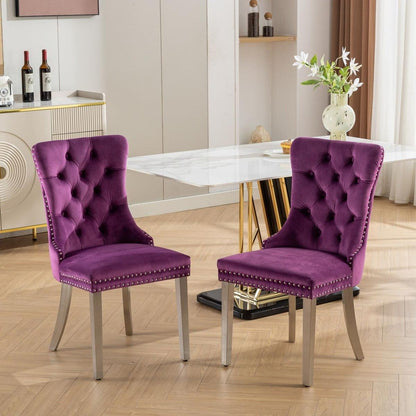 Nikki Collection Modern, High-end Tufted Solid Wood Contemporary Velvet Upholstered Dining Chair with Chrome Stainless Steel Plating Legs,Nailhead Trim,Set of 2,Purple and Chrome