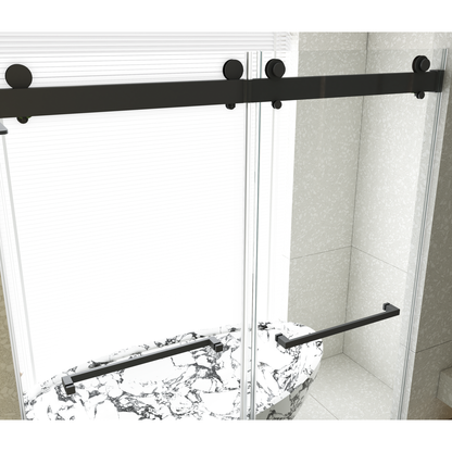 56-60 inches W x76 inches H Frameless Double Sliding Soft-Close Shower Door in Matte Black,3/8 inches (10mm) Thick SGCC Tempered Glass Door
