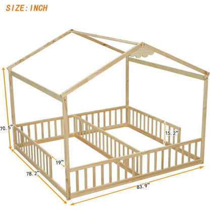 Double Twin House-Style Floor Bed with Fence, Guardrails, without door, Natural