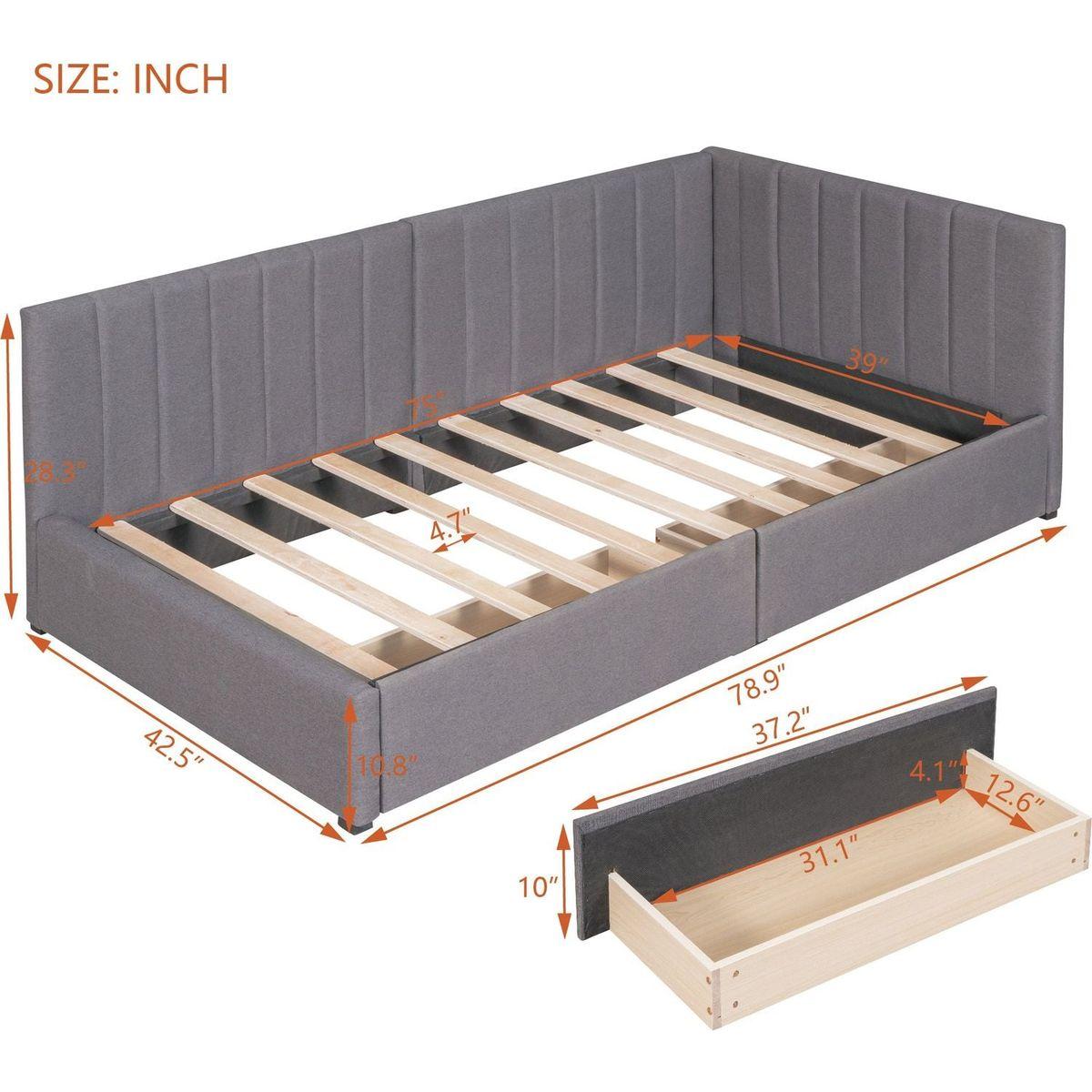 Upholstered Daybed with 2 Storage Drawers Twin Size Sofa Bed Frame No Box Spring Needed, Linen Fabric (Gray)