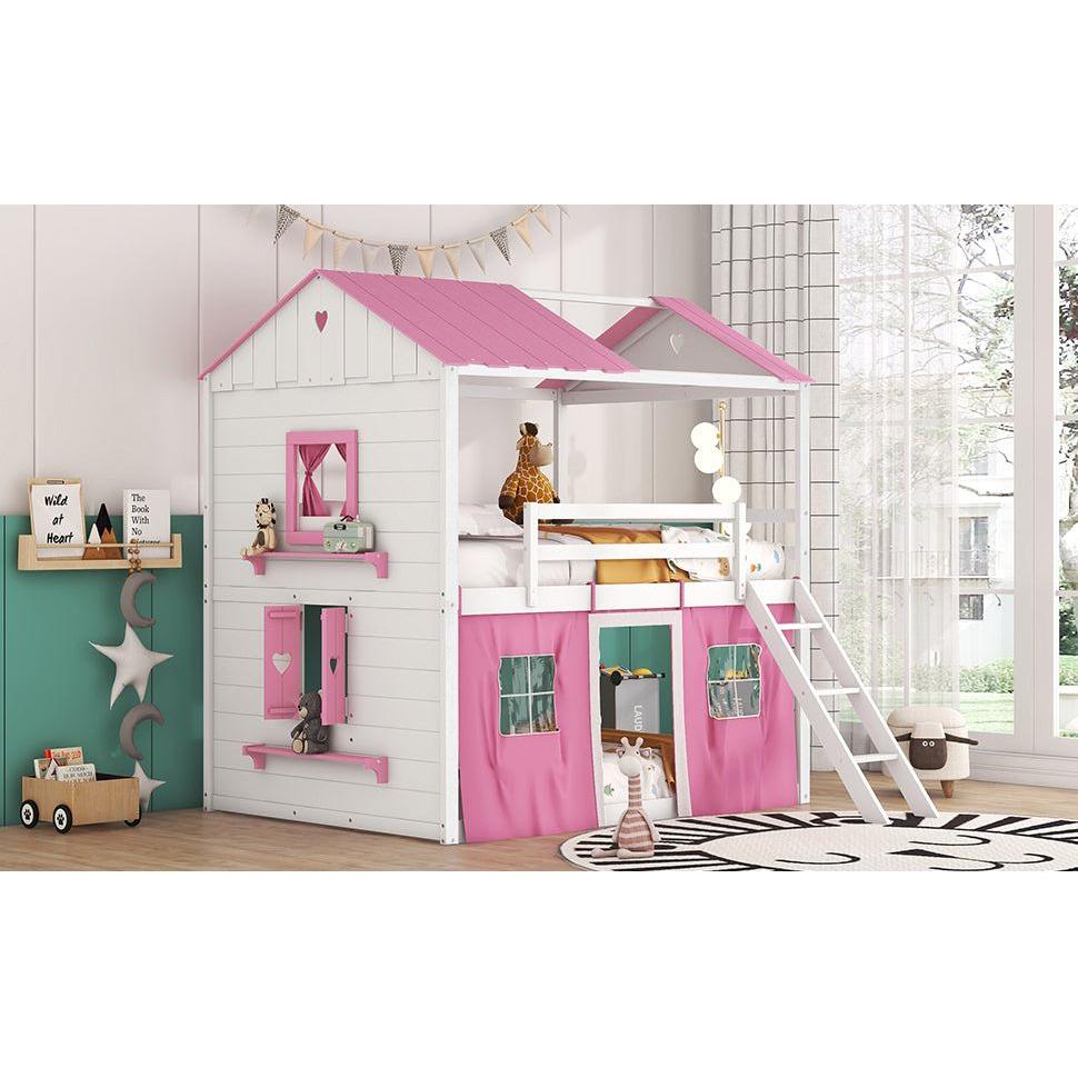 Full Size Bunk Wood House Bed with Elegant Windows, Sills and Tent, Pink+White