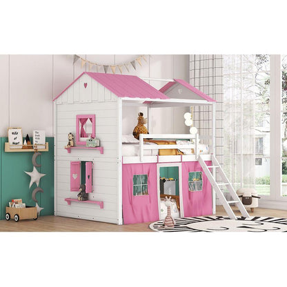 Full Size Bunk Wood House Bed with Elegant Windows, Sills and Tent, Pink+White