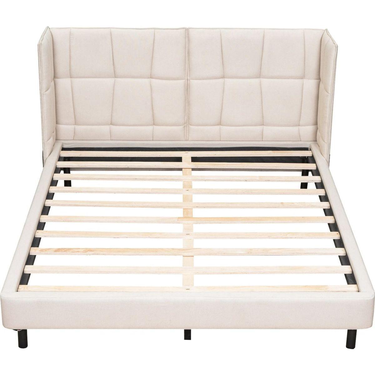 Queen Size Upholstered Platform Bed with LED Lights and U-Shaped Headboard, Linen Fabric, Beige