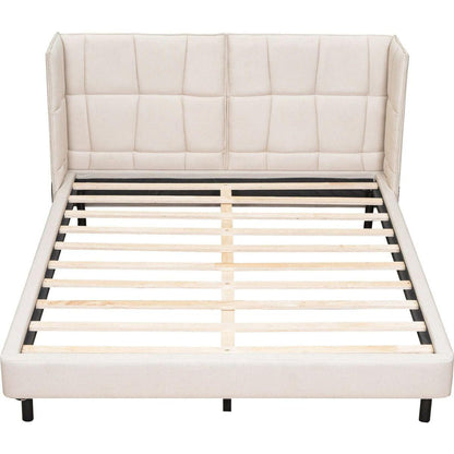 Queen Size Upholstered Platform Bed with LED Lights and U-Shaped Headboard, Linen Fabric, Beige