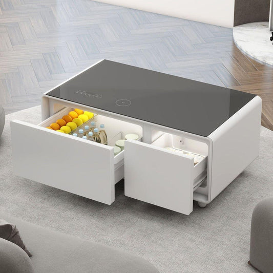 Modern Smart Coffee Table with Built-in Fridge, Bluetooth Speaker, Wireless Charging, Touch Control Panel, USB Ports, Outlet Protection, Atmosphere light, White