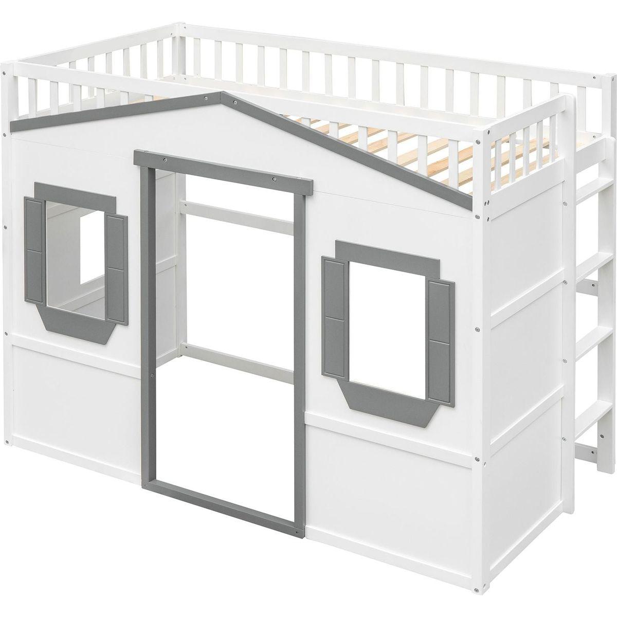 Twin Size House Loft Bed With Ladder-White+Gray Frame