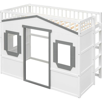 Twin Size House Loft Bed With Ladder-White+Gray Frame