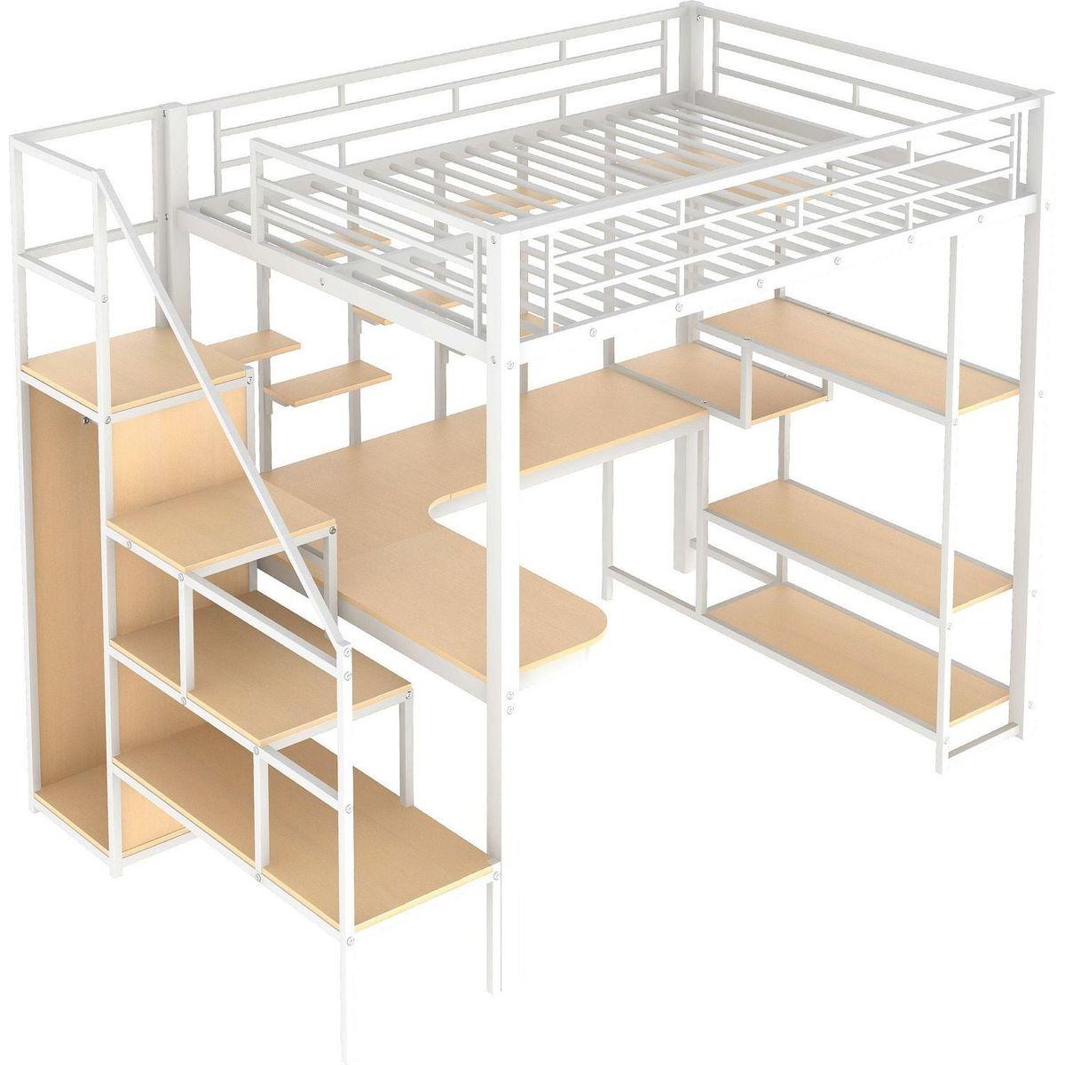 Full Size Metal Loft Bed with Storage Staircase and Small Wardrobe, Built-in Desk and Storage Shelves, White