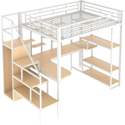 Full Size Metal Loft Bed with Storage Staircase and Small Wardrobe, Built-in Desk and Storage Shelves, White