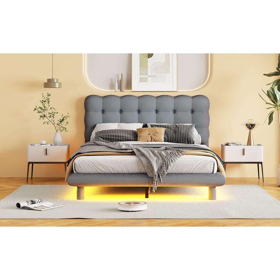 Full Size Velvet Platform Bed with LED Frame, Thick & Soft Fabric and Button-tufted Design Headboard, Gray