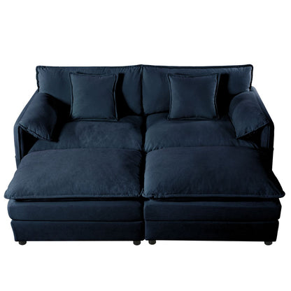 Deep Seat Sectional Cloud Sofa with 2 Ottomans & Soft Pillows, Blue Chenille, Modular Loveseat for Living Room