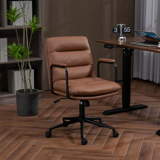 Office Chair,Mid Back Home Office Desk Task Chair with Wheels and Arms Ergonomic PU Leather Computer Rolling Swivel Chair with Padded Armrest,The back of the chair can recline 40 (Brown)