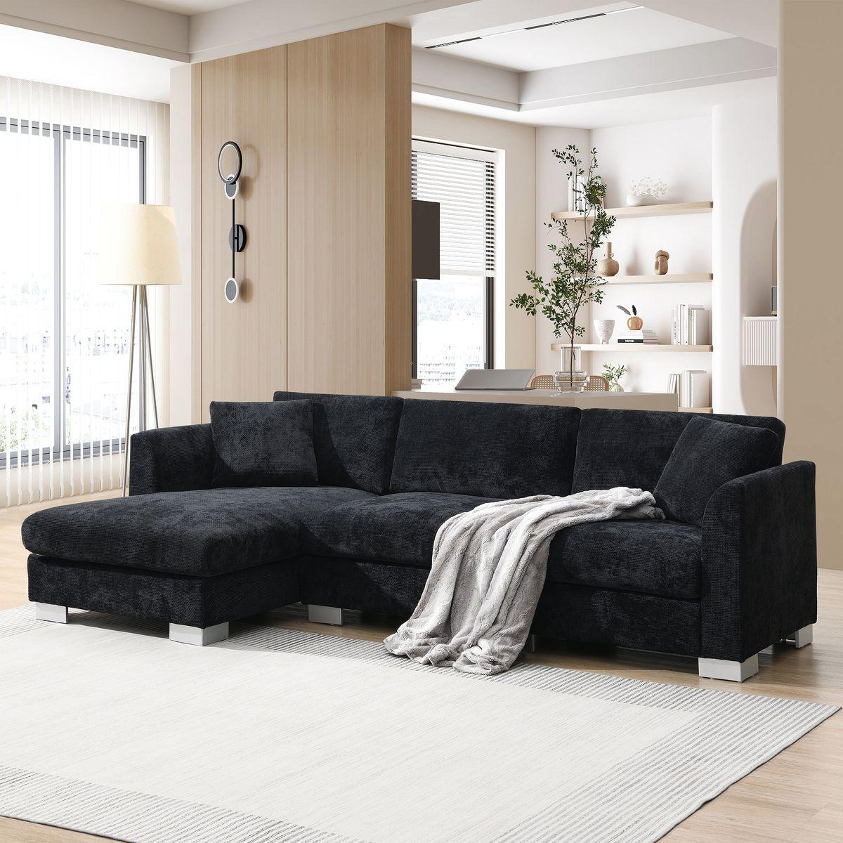 96*56' Modern Cloud Sectional Sofa,L-shaped Luxury Couch Set with 2 Free pillows,4-seat Chenille Indoor Furniture with Oversized Chaise for Living Room,Apartment,Office,3 Colors